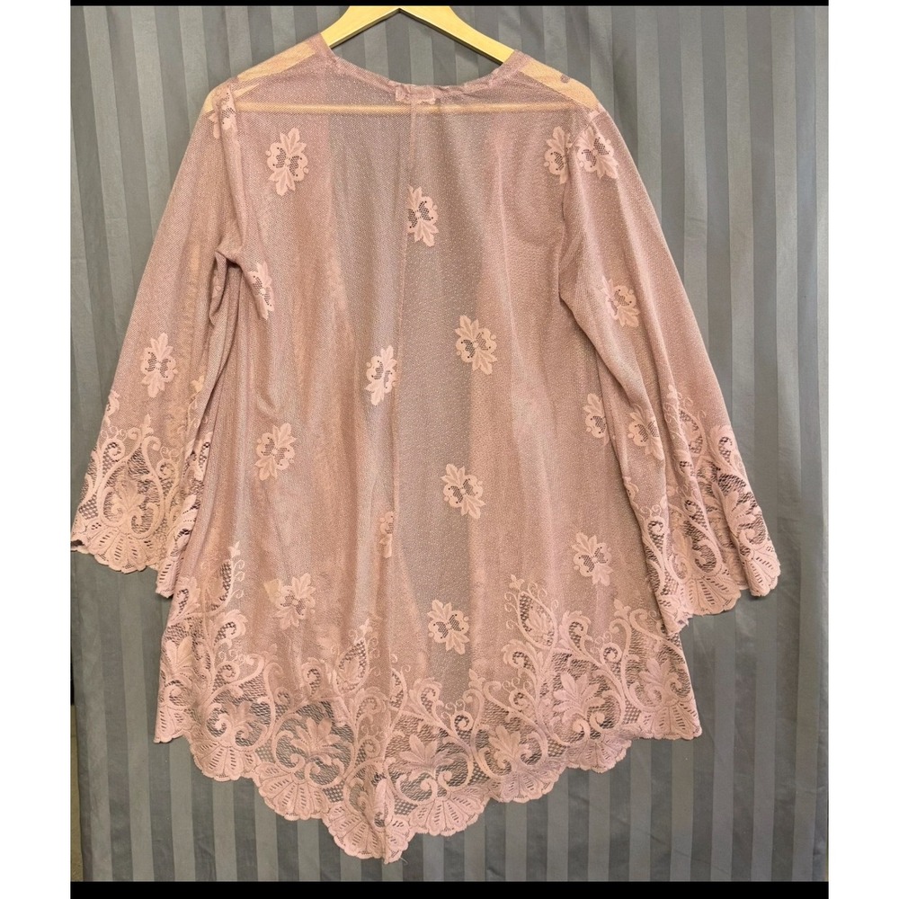 Paper Tee Women's Lace  Kimono Cardigan Pink Floral Embroidered Open Front Large - Picture 7 of 7